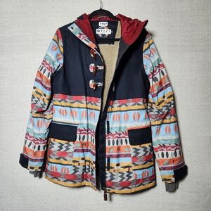Roxy Size L Long Slim Fit Ski Snowboard 10K Sherpa Inside Blue Red Hooded Jacket